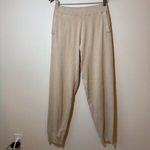 Selected Femme rib knit lounge pants elastic waist pockets neutral beige comfort